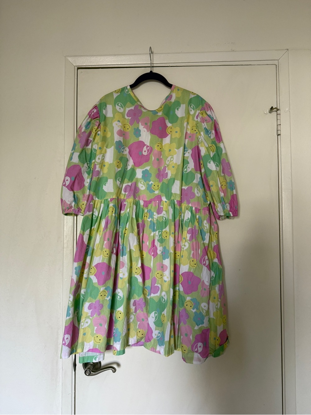 Pastel Floral & Smiley Puff-Sleeve Mini Dress - Pink & Green